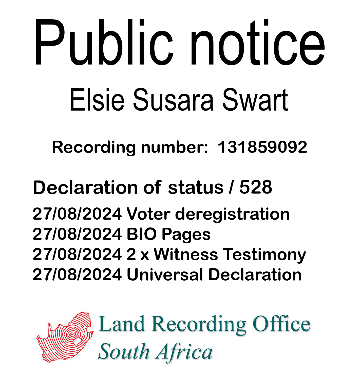 Public notice Elsie Susara Swart Loggerenberg Recording number 131859092